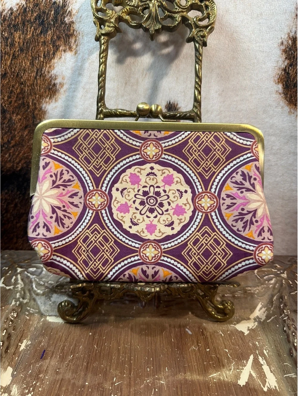 J. Carter Handmade Vintage Style Clutch Purse with Purple and Gold Pattern